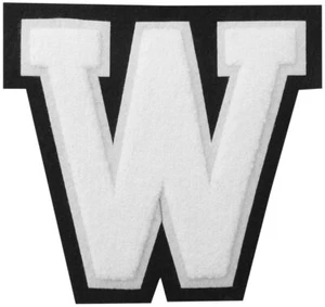 M&J 4 1/2" Heat Seal Chenille Varsity Letter W - White on Black (F4) - Imagen 1 de 1