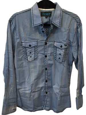 Camisa masculina Roar Buckle Signature botão para cima S azul bordada rocha desgastada - Imagem 1 de 4