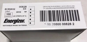 (200) Two BOXES OF 100 ENERGIZER CR2032 WATCH BATTERIES 3V LITHIUM --EXP 2036 - Picture 1 of 3