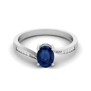 7x5MM Oval Shape Blue Sapphire 10k White Gold Solitaire Women Promise Ring
