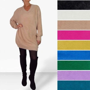 Damen Strick V Ausschnitt Pullover Kleid weich und kuschelig Strick Winterkleid Langarm - Bild 1 von 69