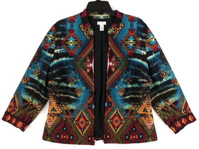 Chico's Aztec Blazer Size 2 (L) Jacket Multicolor Open Front Long Sleeve Lined - Image 1 of 4
