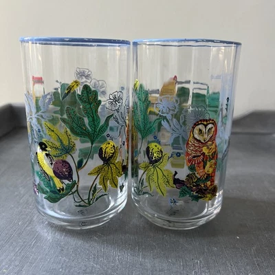 Juego de 2 vasos Anthropologie Nathalie Lete búho pájaros jugo bosque - LEER Foto 1 de 4