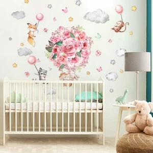 Tier Heißluftballon Wandaufkleber Affe Kaninchen Fuchs Rosa Kinderzimmer - Bild 1 von 5