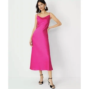 Ann Taylor Satin Scoop Neck Midi Slip Dress in Rich Pink Berry Size 4 - Picture 1 of 7