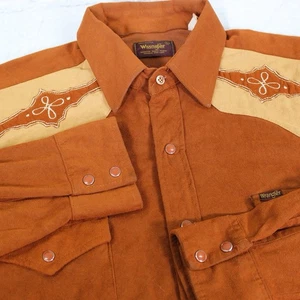 Vintage 70s Wrangler Western Shirt L Pearl Snap Yoke Brown USA Arnel Triacetate - Picture 1 of 17