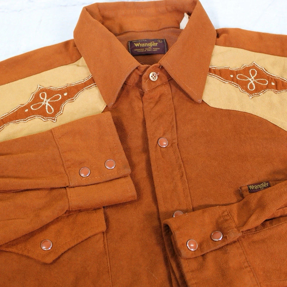Vintage 70s Wrangler Western Shirt L Pearl Snap Yoke Brown USA Arnel Triacetate - Image 1 of 4