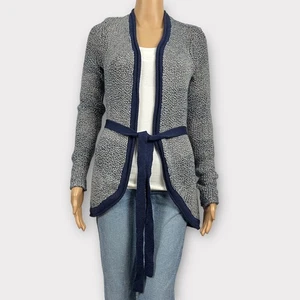 Simply Vera Wang SMALL Navy Blue White Loose Knit Belted Open Cardigan Sweater - Picture 1 of 9