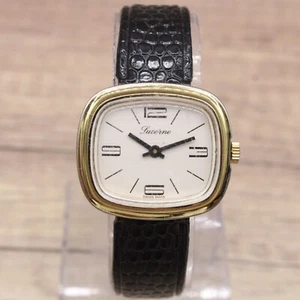 Vintage Lucerne Swiss Made Watch Unisex Gold Tone Stainless Steel Beige Dial 80s - Picture 1 of 9