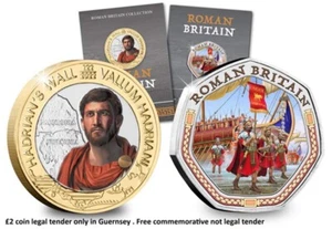 Moneta da due libbre colorata della Gran Bretagna romana e moneta commemorativa da 50 p - Foto 1 di 5