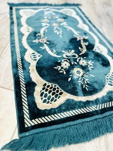 Vintage Handcrafted Fringe Teal Ornate Chic Rug Textile Art Multiuse Velvet - Picture 1 of 4