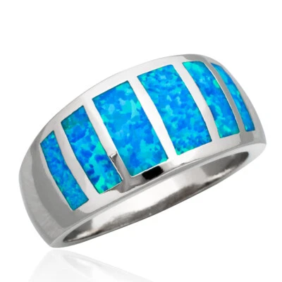 Simple Ocean Blue Fire Opal Silver Jewelry Women Wide Band Ring Size 7 8 9 - Image 1 of 4