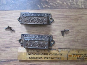 PAIR Antique Victorian Cast Iron Decorated Bin Pull Drawer Hardware w Screws - Picture 1 of 5