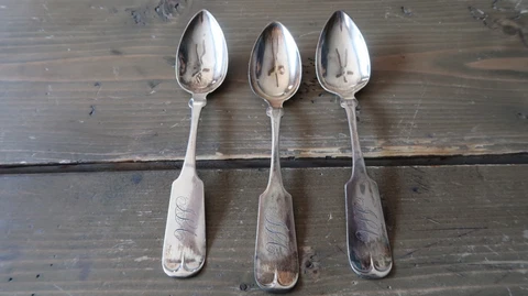 3 ANTIQUE Civil War Era 6" JN B McFadden Fiddle Coin Silver Spoons 59.36 grams Cover