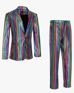 Men's Disco Costume Halloween Shiny Suit Sequins Jacket Pants Outfits Unisex - Picture 1 of 5