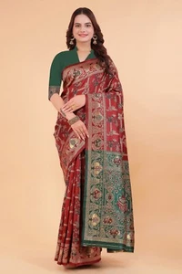 Sari donna Kota Litchi jacquard bordo marrone con camicetta senza cuciture. - Foto 1 di 1