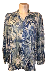 CHICO'S Top Size XL (3) Blue Green Ava Ikat Roll Tab LS Button Cotton Shirt - Picture 1 of 7
