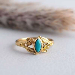 Turquoise Ring Brass Gold Women Ring Promise Engagement Ring Handmade GiftForHer - Picture 1 of 5