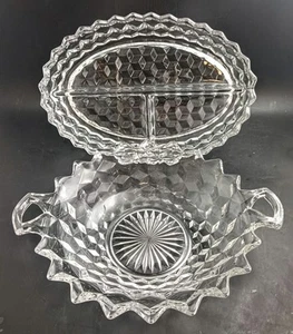 Fostoria Glass "American" Cubist Pattern 10" Divided Oval Dish + 9" Serving Dish - Picture 1 of 14