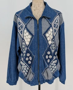 PATCHWORK Crochet Denim Jacket Prairie Peasant Cottage VTG SZ XL - Picture 1 of 12