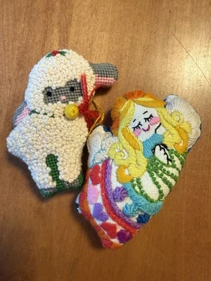 Vintage Crewel Embroidered Angel And Sheep Ornaments - Image 1 of 4