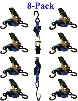 8-PK 1in x 10ft Blue Ratchet Tie Down Straps 1500LBS Break Strength S hooks - Image 1 of 4