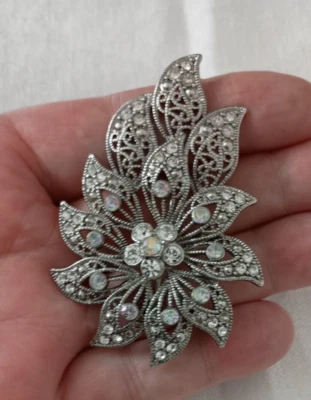 Vintage Monet Silver Tone AB Rhinestone Open Work Filigree Flower Brooch Pin - Image 1 of 4