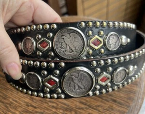 Vintage 28-32" Leather Coin Belt Western Biker Silver Dimes Half Dollars Coral - Picture 1 of 13
