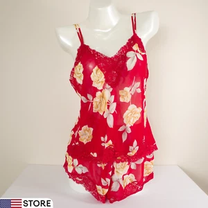 💖 Vintage Victoria's Secret 90er Gr. M Blumen Chiffon rot Cami Tank Höschen Set - Bild 1 von 9