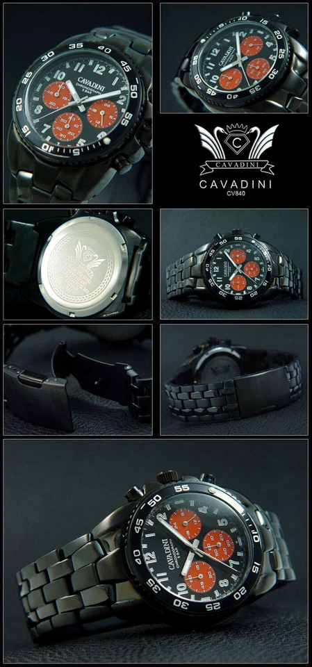 Chronograph Men's Watch CAVADINI CV-840 Stainless Steel Black Plated Orange Eyes - Image 1 of 1