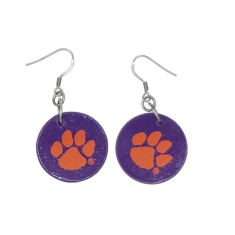 Clemson Tigers Earrings Purple Orange Tiger Paw Round Wood Cover