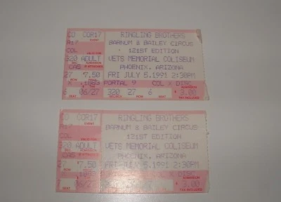 Boletos usados Ringling Brothers Barnum & Bailey Circus (2), 1991, usados Foto 1 de 2
