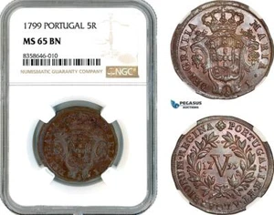 AK529, Portugal, Maria I, 5 Reis 1799, Lisbon Mint, NGC MS65BN, Top Pop! - Picture 1 of 1
