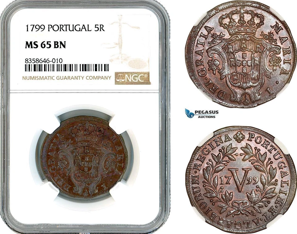 AK529, Portugal, Maria I, 5 Reis 1799, Lisbon Mint, NGC MS65BN, Top Pop! - Image 1 of 1