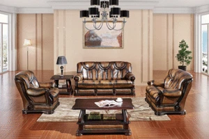 ESF Oakman 3 Piece Classic Dark Oak Finish Italian Leather Living Room Set - Picture 1 of 7