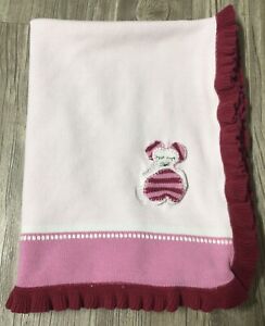 VTG Pottery Barn Kids Hot Pink Ruffled Trim Knit Baby Blanket Mouse 2008 GUC F5