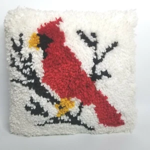 Handcrafted Yarn-Stitched Pillow Red Cardinal Branches Vintage 1977 Bird Nature - Picture 1 of 3