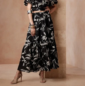 Banana Republic Women Maxi Skirt Size L Ramie Flounce Dark Floral Boho Festival - Picture 1 of 9