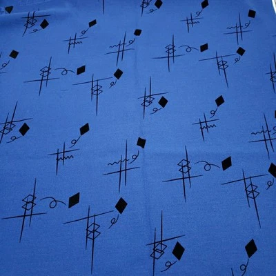 Vtg Navy Blue Shimmer Fabric with Embossed Black Velvet 80s Abstract Print 4+Yds - Image 1 of 4