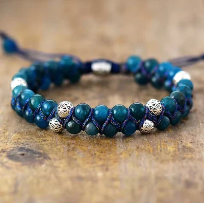 Natural Double Braided Blue Apatite Stone Healing Charka Gemstone Warp Bracelet - Image 1 of 4