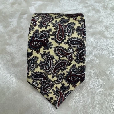 Vanderbilt Silk Mens Necktie USA Creamy Yellow w/ Red, Blue, Tan, White Paisleys - Image 1 of 4