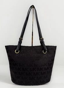 Michael Kors Black Canvas MK Logo Jet Set Travel Tote Shoulder Bag Purse - Picture 1 of 14