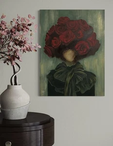 Acrylic Portrait with Red Roses Headdress – Gothic Floral Wall Art 14×20 - Picture 1 of 9