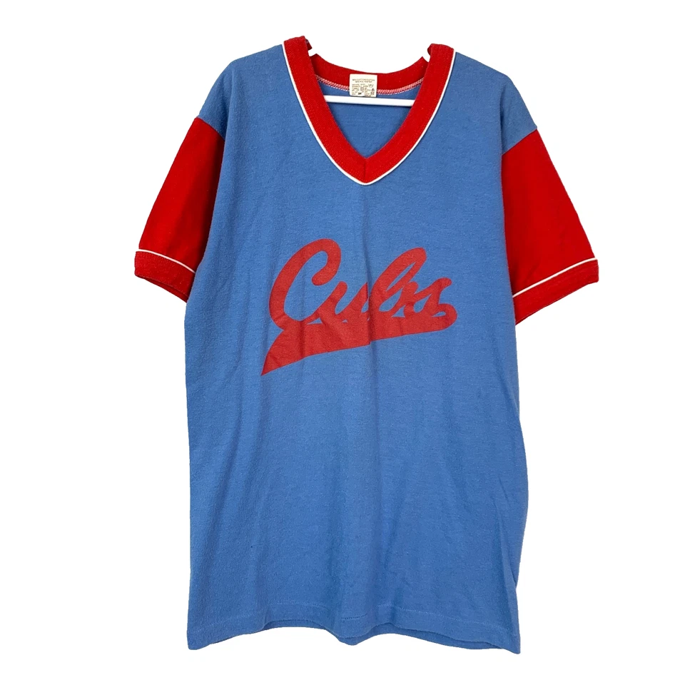 Vintage Russell Athletic V-Neck Ringer Cubs Blue Red Tee T-Shirt Youth Boys Lg B - Image 1 of 4