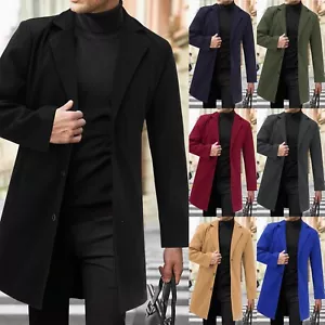 Men Single Breasted Trench Coat Winter Pea Coat Notch Lapel Long Casual Overcoat - Picture 1 of 38