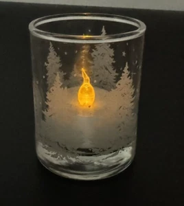 2er SET VINTAGE SCHNEEBEDECKTE BÄUME GEÄTZTE WINDLICHT / TEELICHTHALTER ANKER HOCKING - Bild 1 von 8