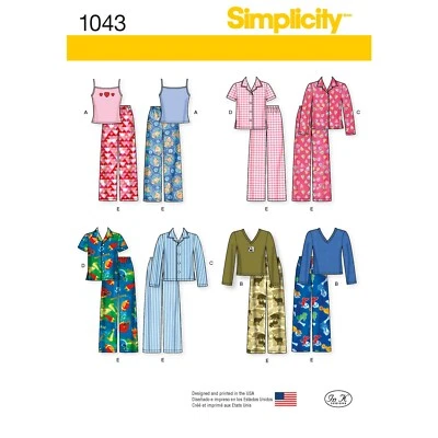 SIMPLICITY 1043 UNISEX PYJAMAS Sewing Pattern Ages 3 - 6 & 7 - 14 Tops & Pants - Image 1 of 4