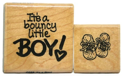 STAMPENDOUS New Baby Wood Mount Rubber Stamps BOUNCY LITTLE BOY  & BABY SHOES - Изображение 1 из 2