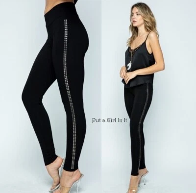 New VOCAL Womens SOFT EMBELLISHED STUD STUDDED BLACK STRETCH LEGGINGS S M L XL - Image 1 of 4