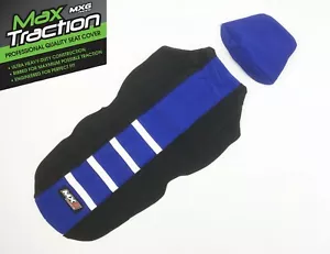 FUNDA ASIENTO YAMAHA YZF450 2018-22 AGARRE ACANALADO NEGRO AZUL + RAYAS BLANCAS COSTILLAS - Imagen 1 de 4